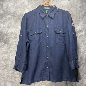 Lauren Ralph Lauren Button Up Blouse Women's XL Navy Blue 100% Linen Anchor Logo